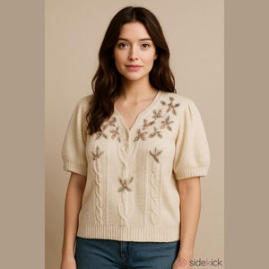Cream Knitted popover top with light pink floral embroidery about a size Medium